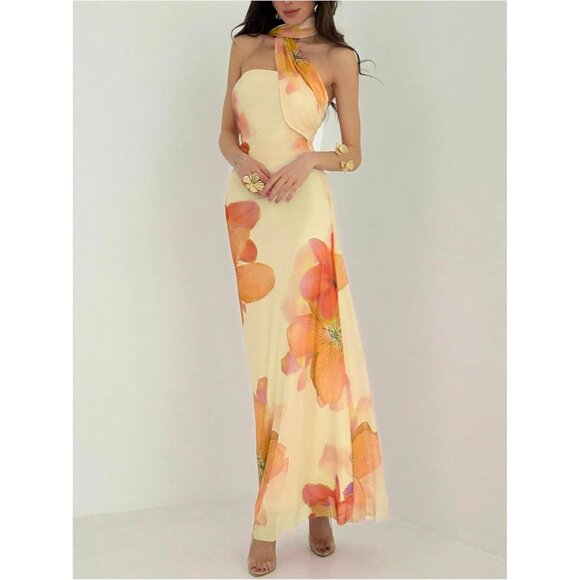 Women's Floral Stretch Maxi Dress Sleeveless Halter Summer Vacation - Picture 4 of 5